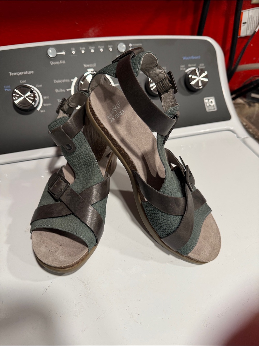 Dansko Green and Brown Strappy Wedge Sandals